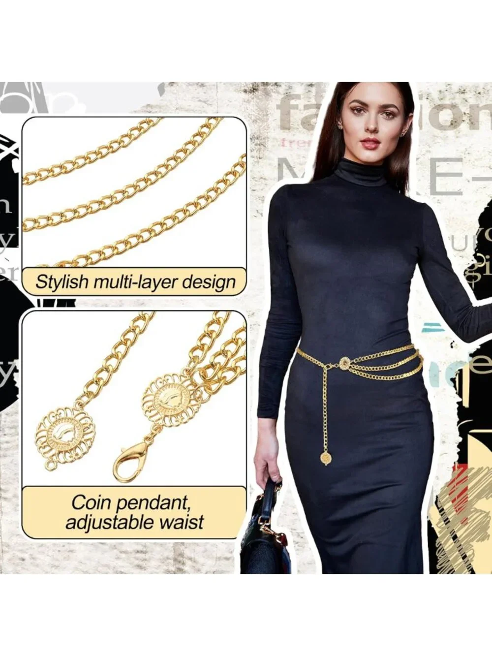 6 Pcs Gold Silver Multi-Layer Waist Chain Belt for Women - Adjustable Body